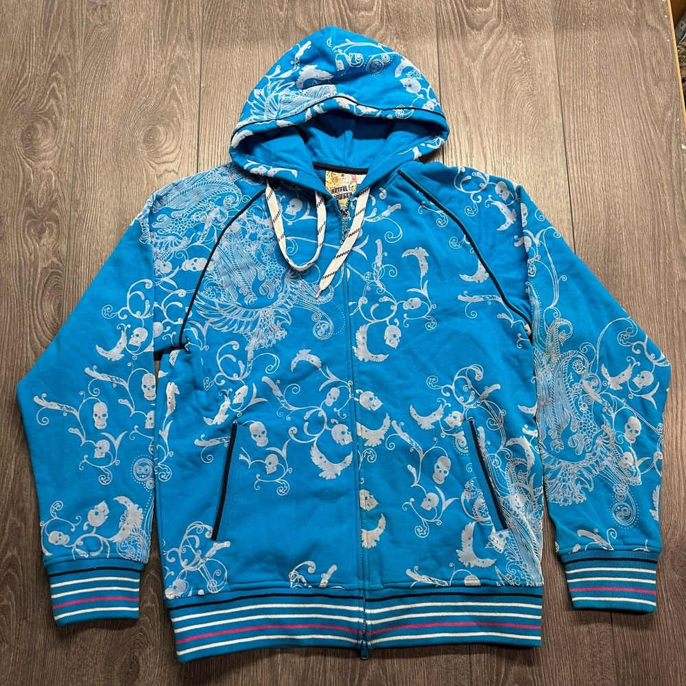 Artful Dodger Mens Blue Silver Foil Skull Graphic Zip Up Hoodie Y2K Size M